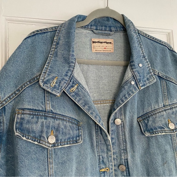 Free People Rhinestone Fringe Denim Bomber Jacket Meteor Wash XL - Picture 10 of 10